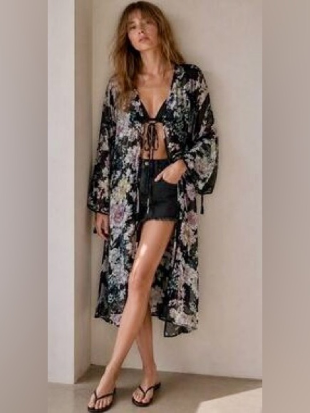 Band of Gypsies L Black Sheer Floral Kimono Robe with Pastel Blooms